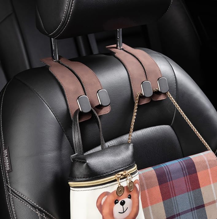 Oveallgo® 2-in-1 Premium Leather Car Headrest Hanger with Metal Hooks (1 Pair)