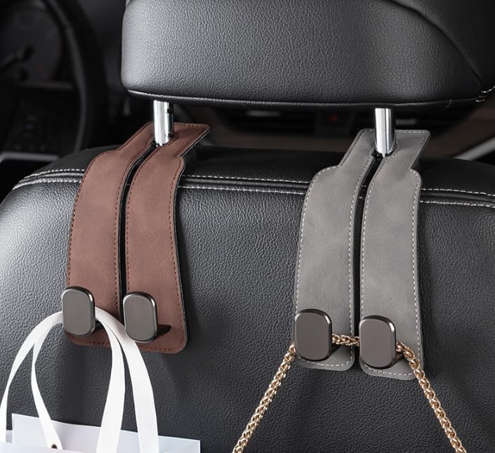Oveallgo® 2-in-1 Premium Leather Car Headrest Hanger with Metal Hooks (1 Pair)