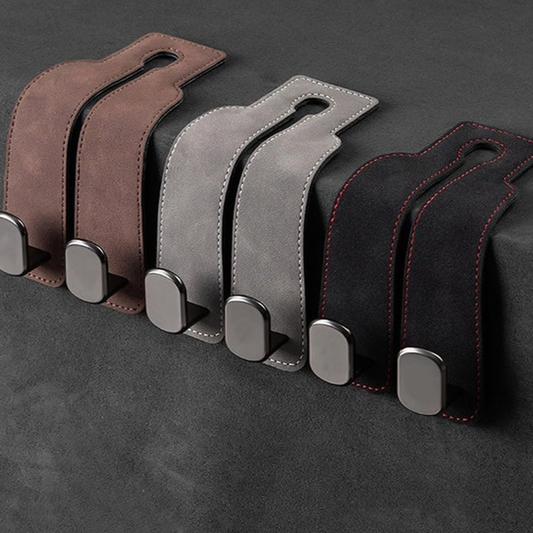 Oveallgo® 2-in-1 Premium Leather Car Headrest Hanger with Metal Hooks (1 Pair)